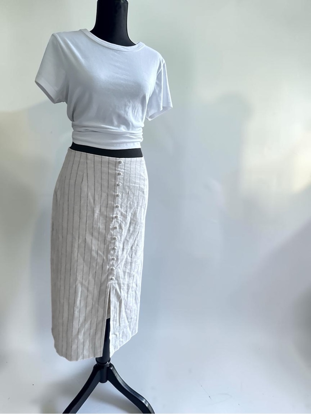 Banana Republic Cream Pinstripe Button-Front Midi Skirt - Picture 6 of 12